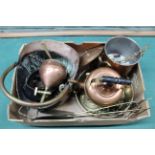 A box of mixed copper and brass including Victorian 'Loftus London' large funnel with tap etc