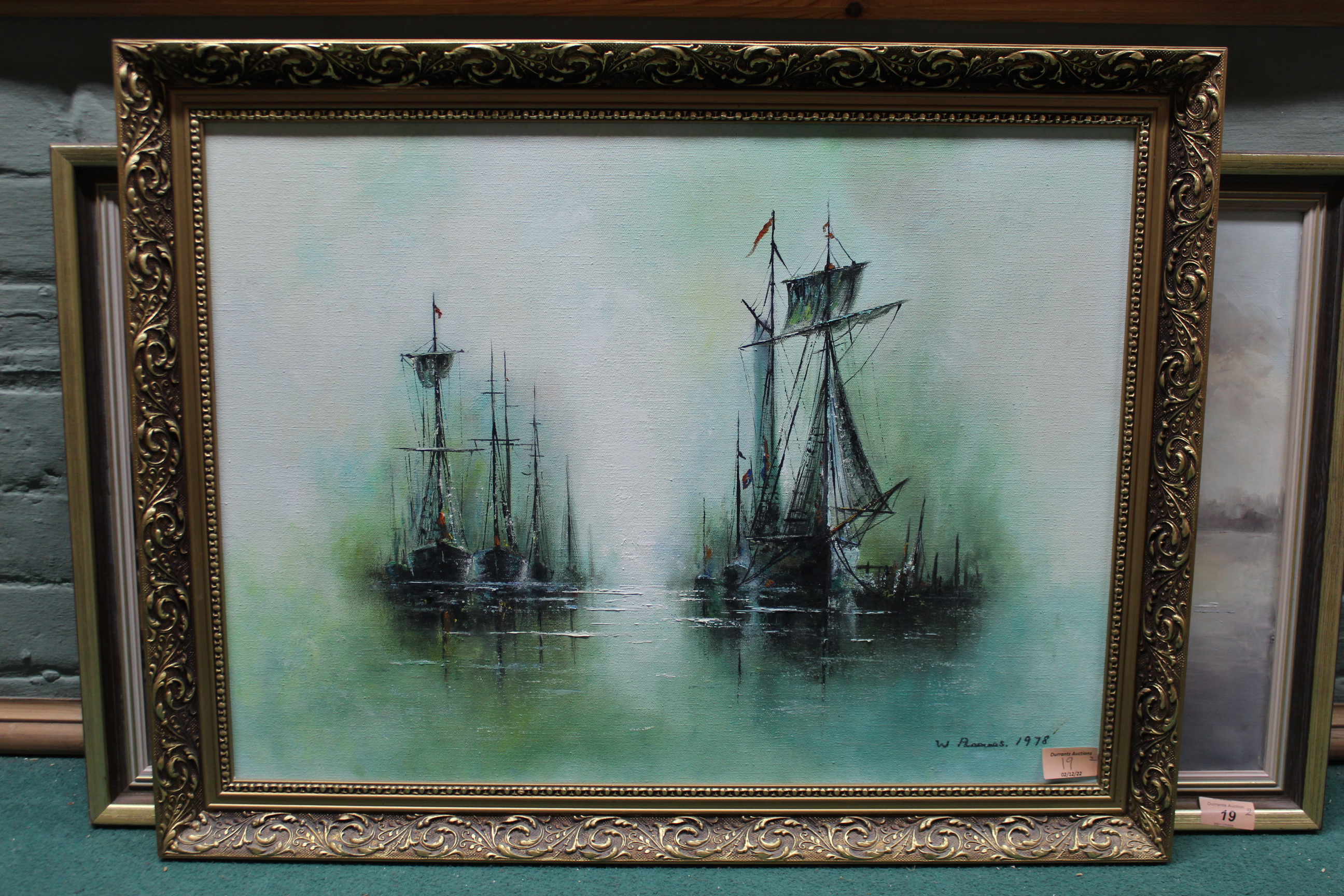 A 20th Century framed oil on canvas of sailing ships at anchor plus a framed oil of a river scene - Image 2 of 3