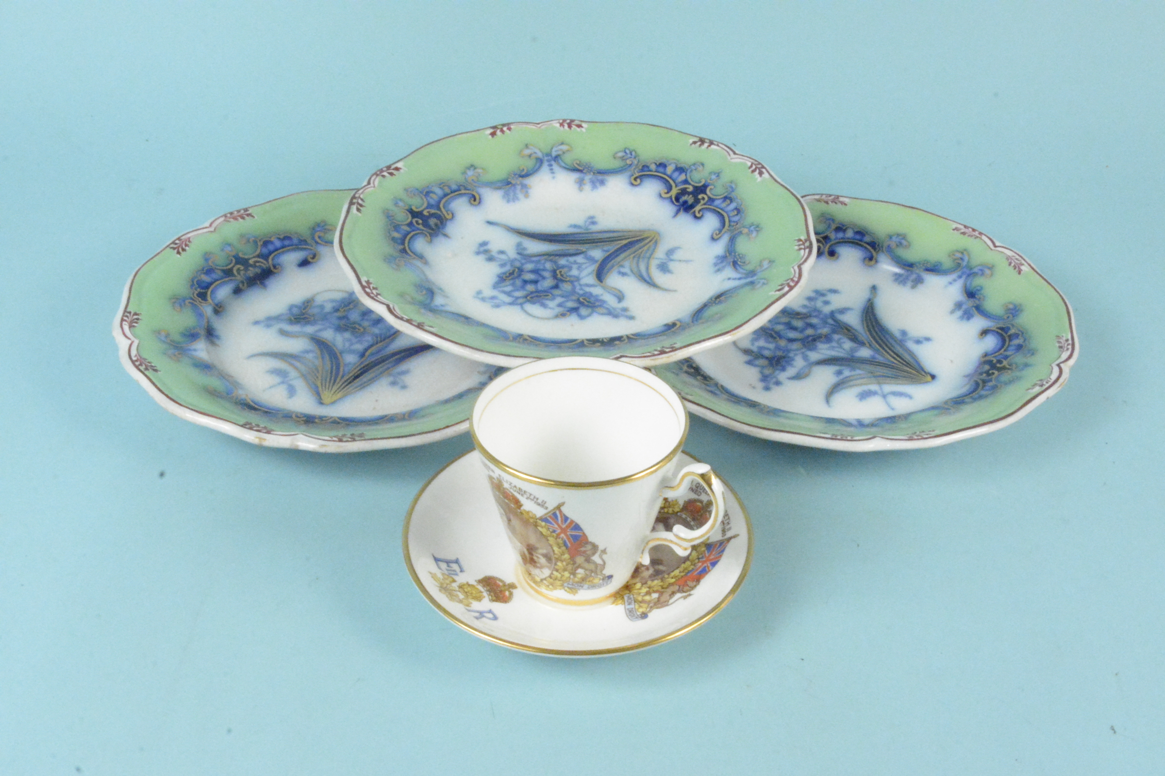 Three 19th Century dessert plates with apple green borders plus a Queen Elizabeth II Coronation cup