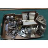 A box of silver plated wares including three piece tea set,