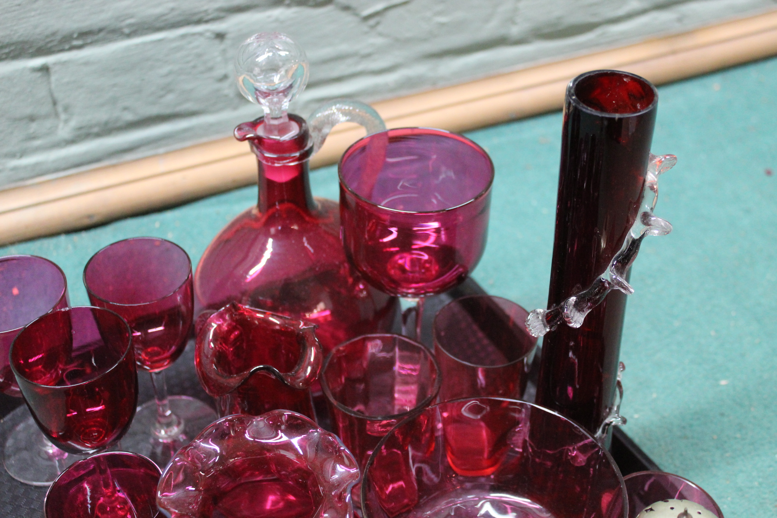 A selection of vintage cranberry glass including claret jug, - Image 3 of 3