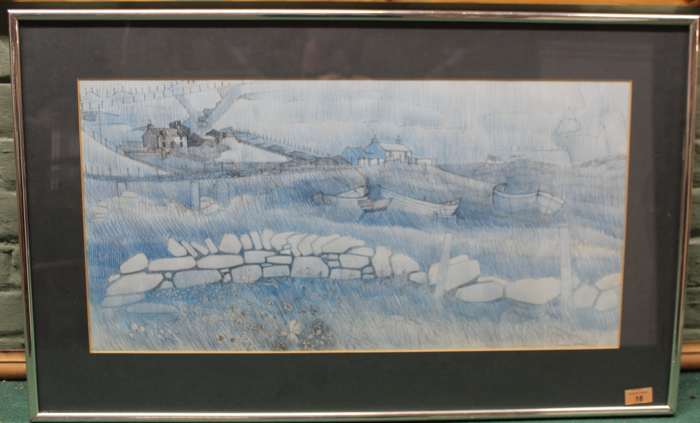 A framed crayon and ink drawing 'Norwick, Shetland', signed 'Nicholas Barnham, 72',