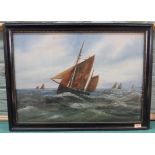 A framed oil on board of a fishing smack in a choppy sea,