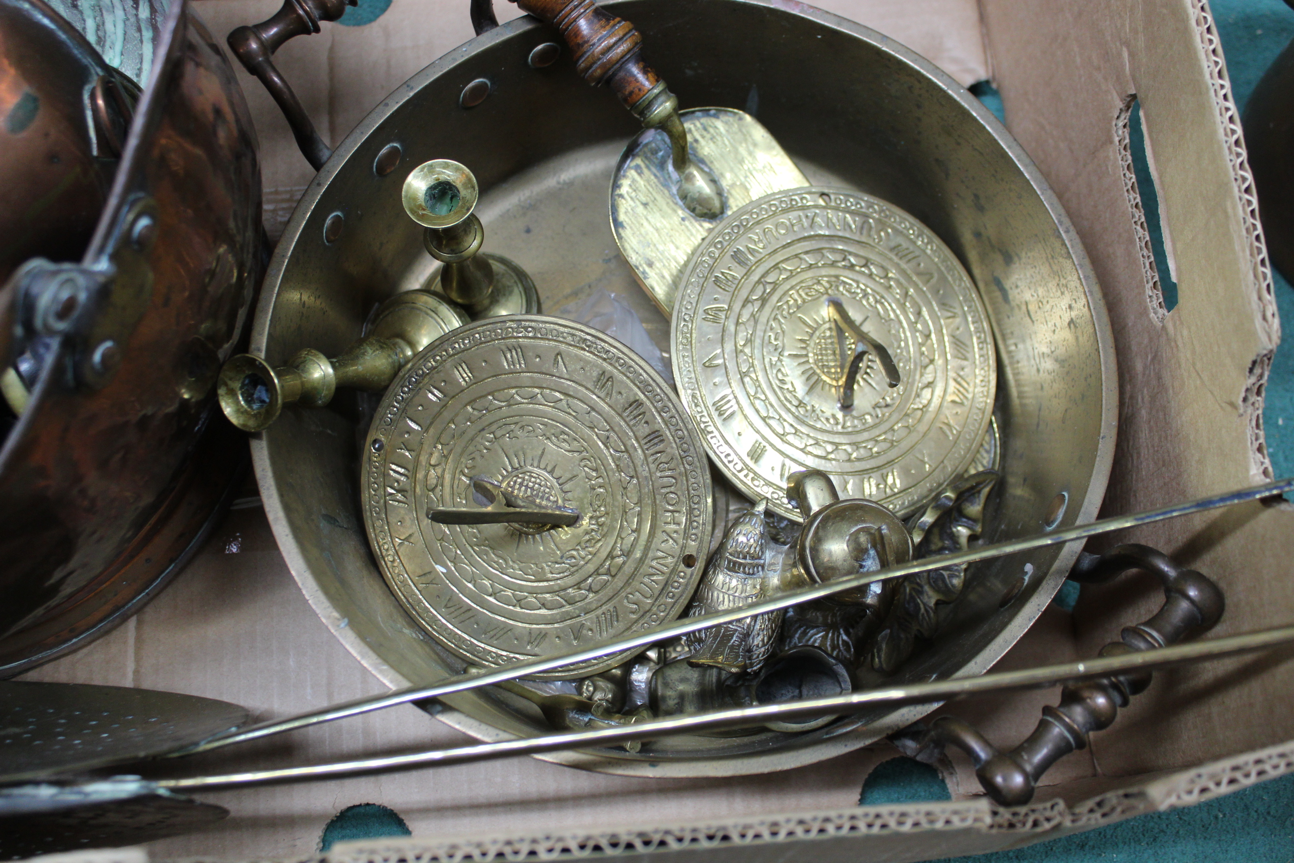 A box of mixed copper and brass including Victorian 'Loftus London' large funnel with tap etc - Image 2 of 3