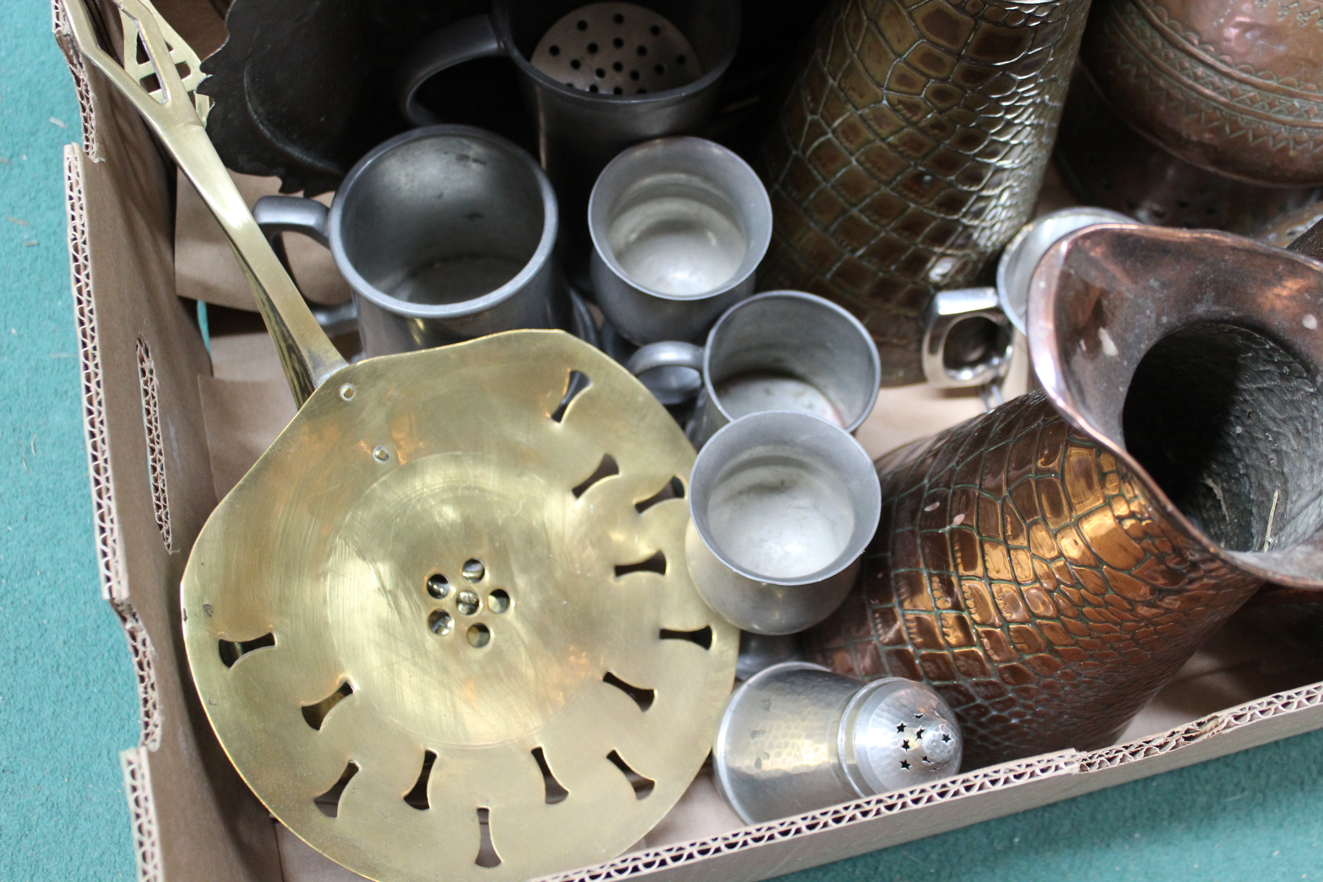 Mixed metalwares including two Persian style copper coffee pots, jugs, plates, - Image 2 of 3