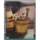 An unframed oil on canvas of two chicks perched on the rim of a wooden bucket,