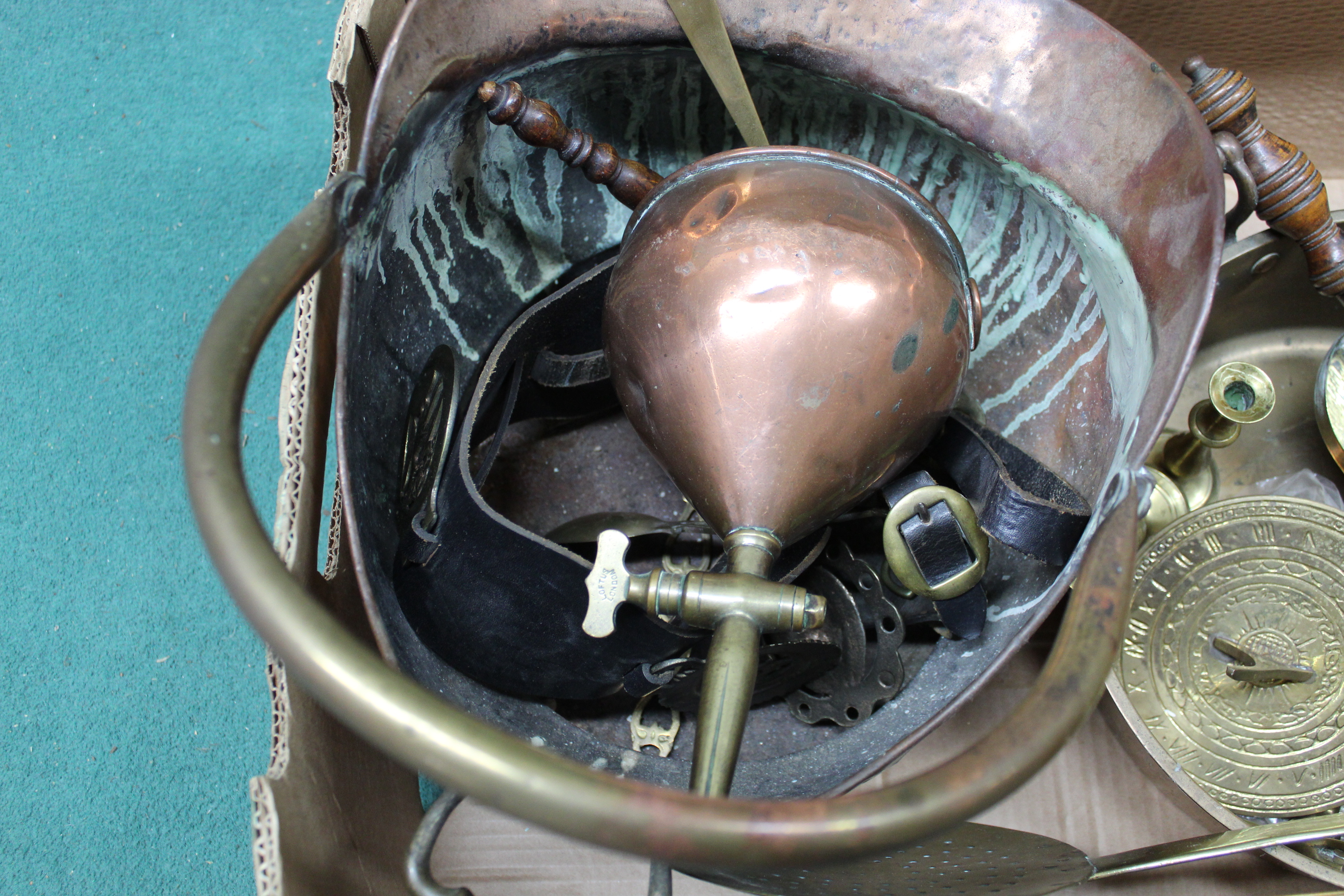 A box of mixed copper and brass including Victorian 'Loftus London' large funnel with tap etc - Image 3 of 3