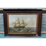 A mid 19th Century framed and glazed marine oil painting of a sailing ship off the coast,