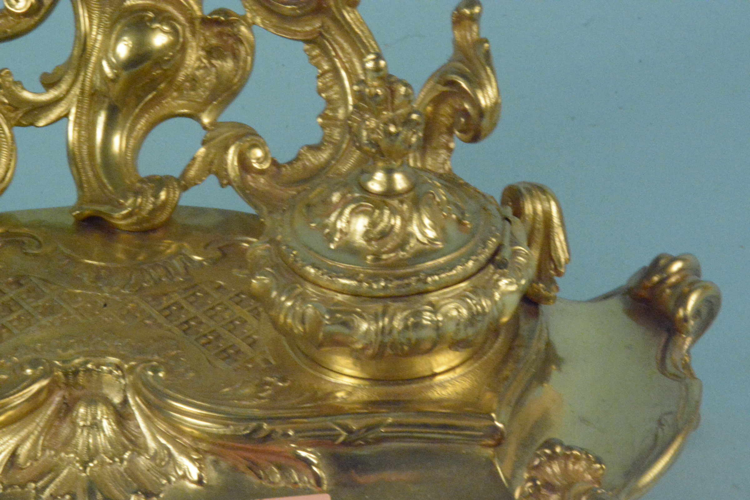 A late 19th Century continental gilt brass inkstand of Rococo design with two lidded inkwells, - Image 2 of 3