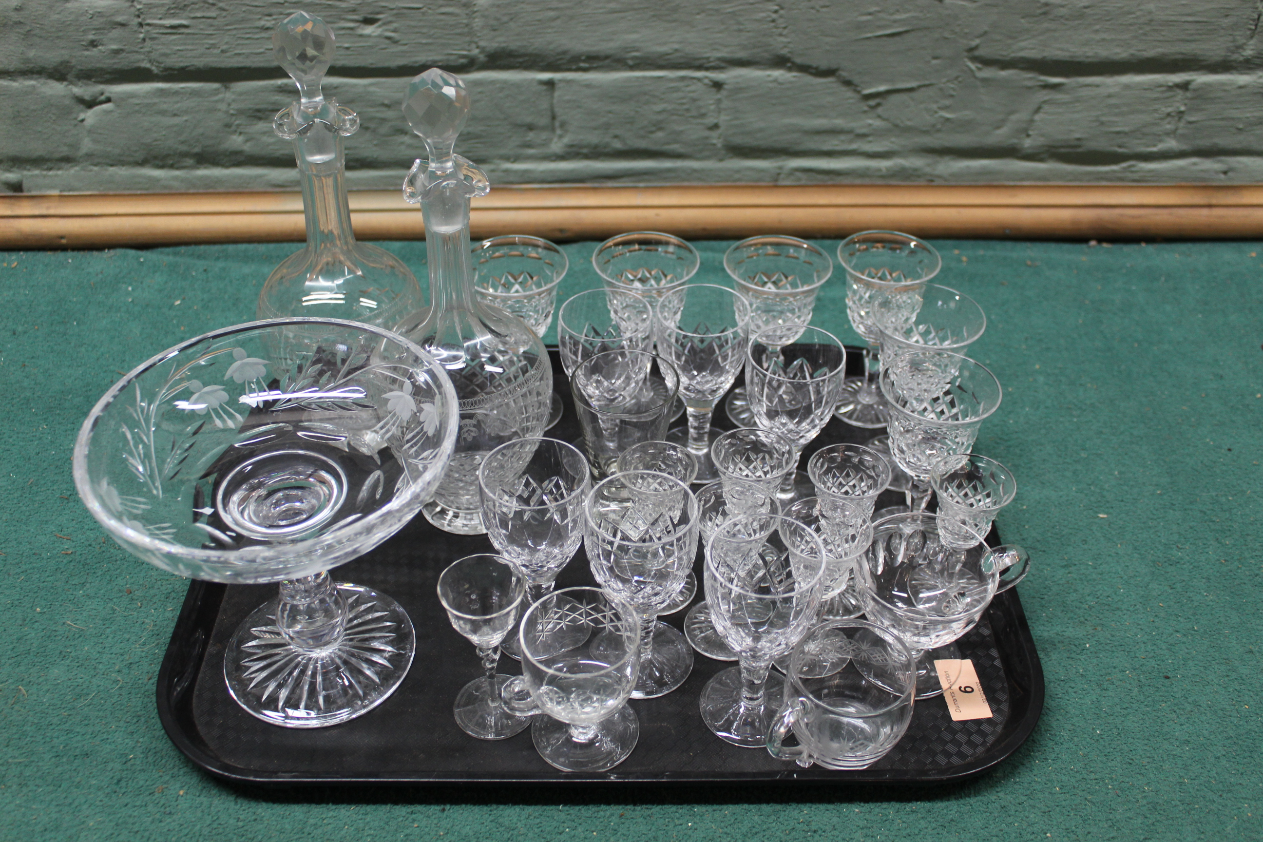 Mixed glassware including a pair of decanters, tazza,