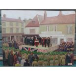 An unframed oil on board of a gathering in Lowestoft for a Mayoral Declaration with Land Army Girls