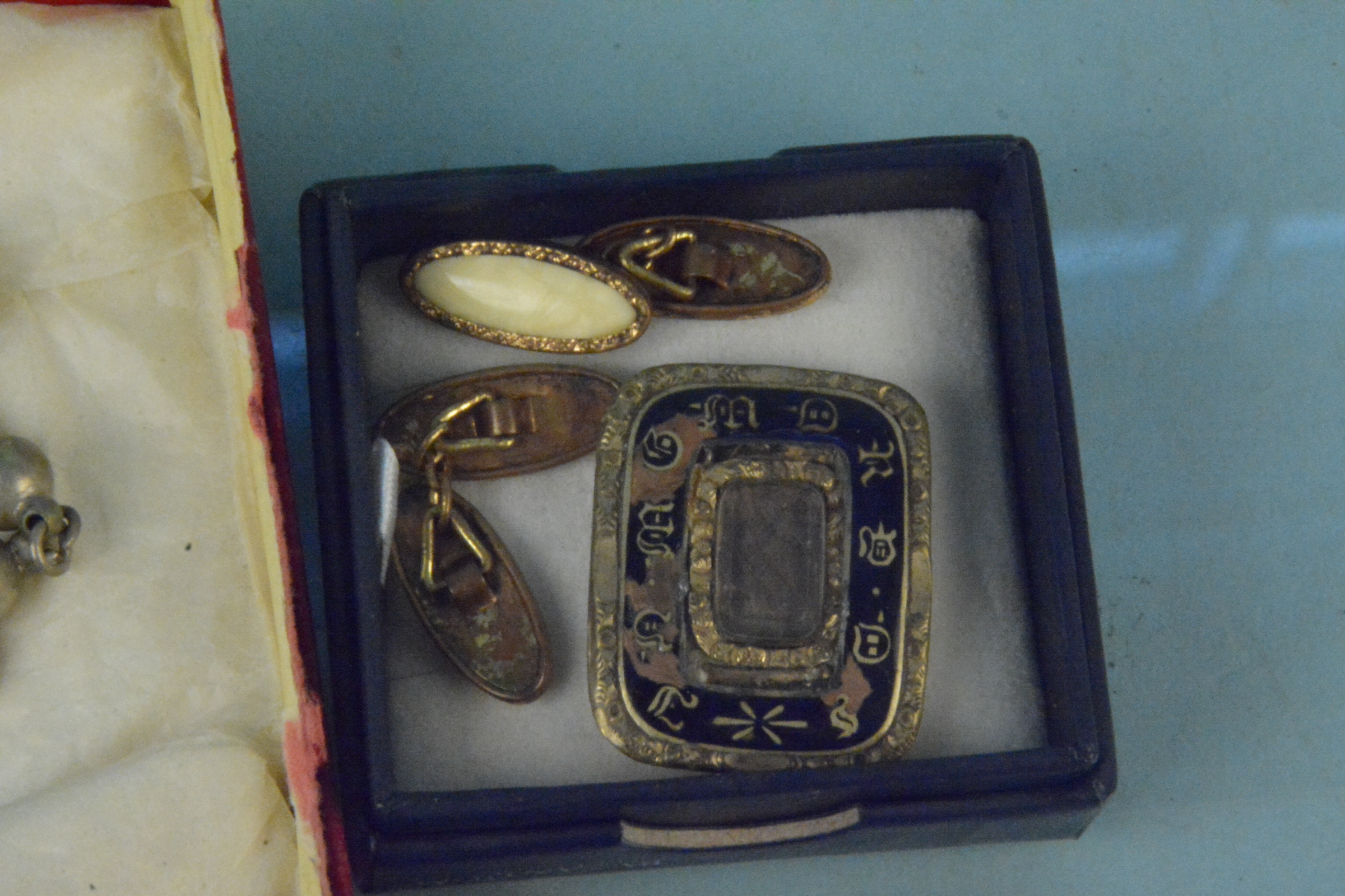 A mourning brooch (as found), white metal cross pendant on chain, - Image 2 of 3