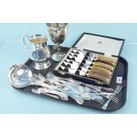 A selection of silver plated items and a cased set of six antler handled knives