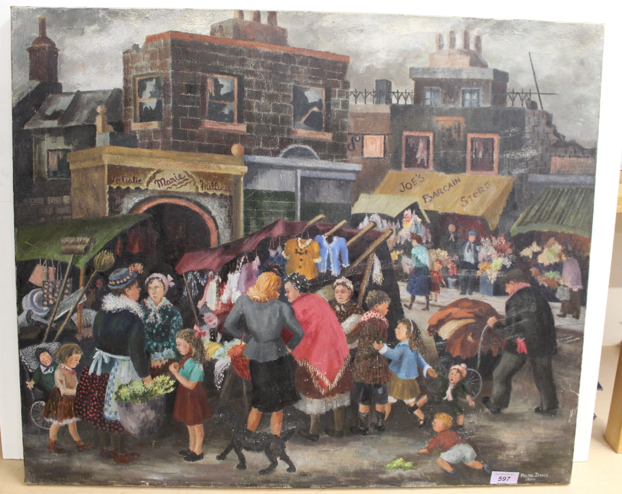 Hilda Davis, unframed oil on canvas 'Watney St Market', dated under signature 1944-,