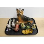 A Kingston pottery Yorkshire terrier, white metal pheasants, Sylvac puppy in a slipper,