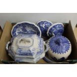 A large 19th Century Staffordshire blue and white soup tureen plus two blue and white tureens and a