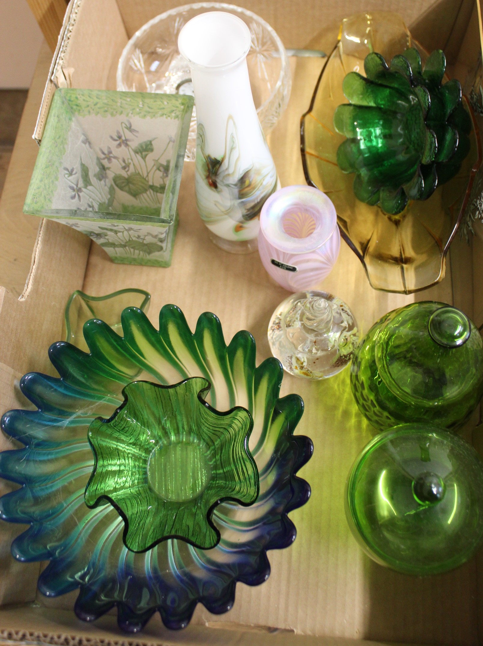 Two good boxes of mixed glassware including a hand painted lemonade set, vases, decanters, - Image 2 of 3