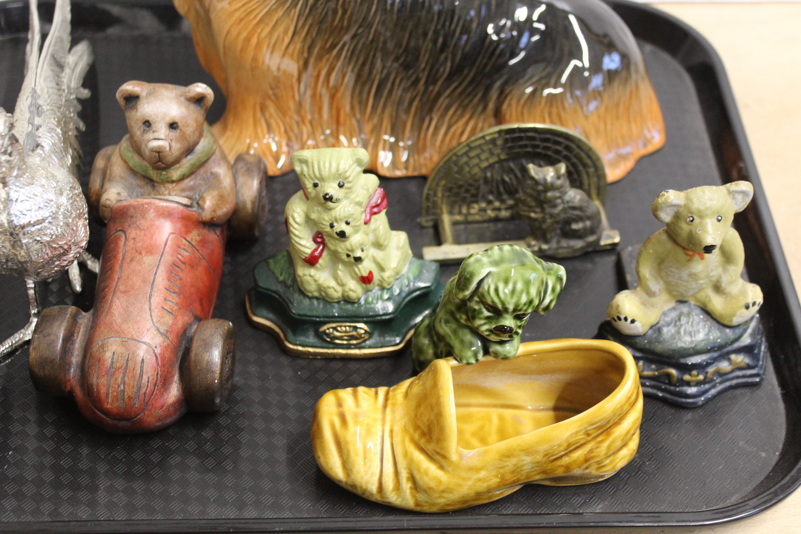 A Kingston pottery Yorkshire terrier, white metal pheasants, Sylvac puppy in a slipper, - Image 2 of 3