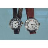 Two c1910 military style 'trench' silver cased wristwatches