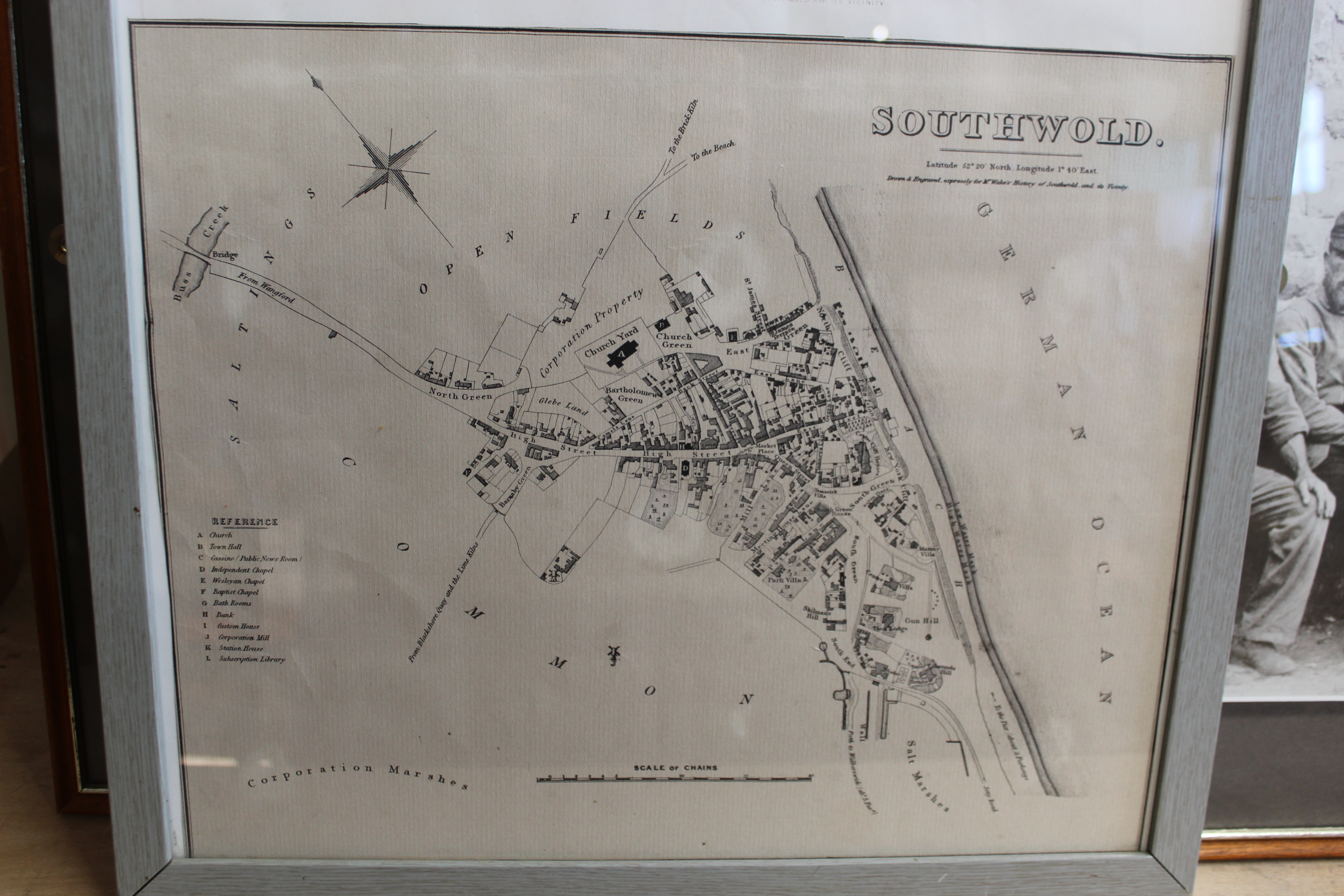 A framed print taken from Mr Wake's History of Southwold a map of the town plus a view of the South - Image 2 of 5