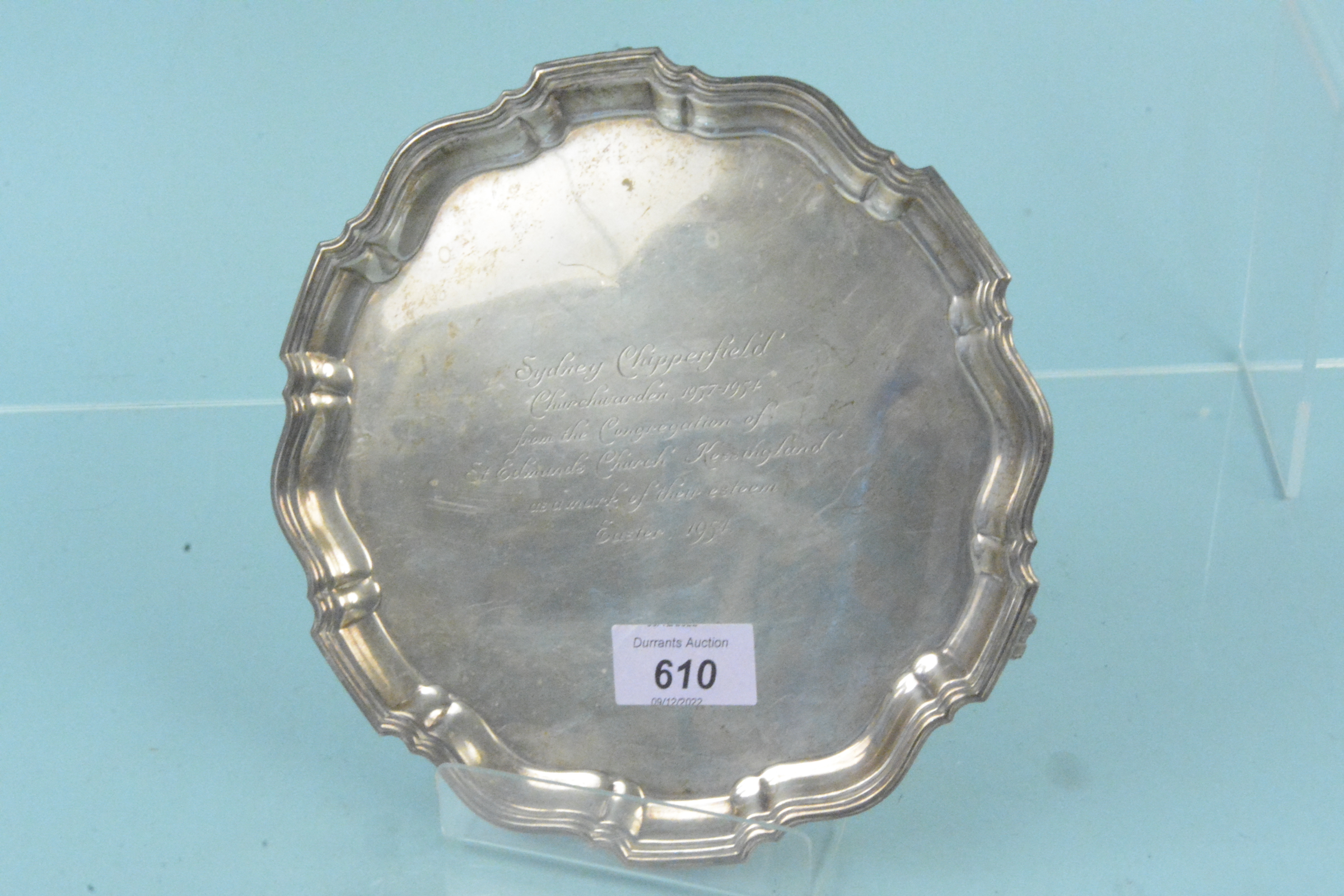 A silver salver with presentation inscription, hallmarked Birmingham 1946,