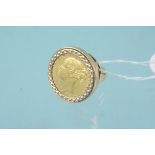 An 1878 sovereign in 9ct gold ring mount, size K 1/2, weight approx 13.