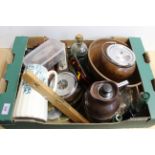 A box of mixed items including a Bakelite jug, antique glass bottle,