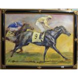 Jacquie Jones, a large framed oil on canvas of a horse race with horse No.