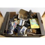 A mixed box of items including Oriental white metal dragons, bronzed resin hunter with gun dog,