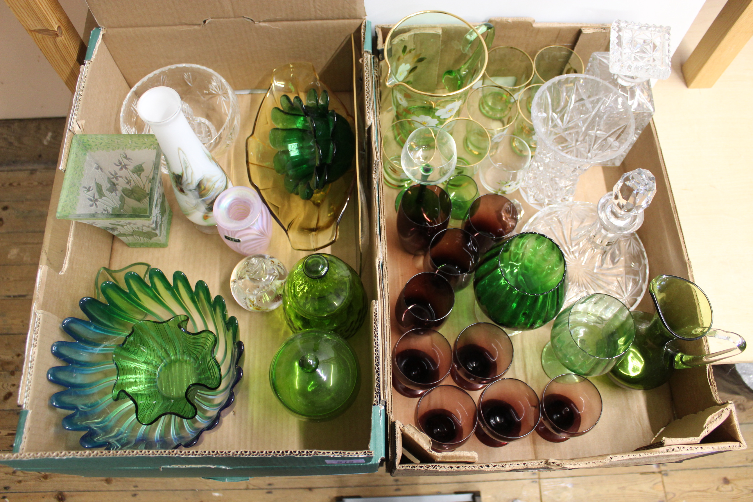 Two good boxes of mixed glassware including a hand painted lemonade set, vases, decanters,