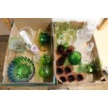 Two good boxes of mixed glassware including a hand painted lemonade set, vases, decanters,