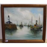 An oil on canvas of drifters in Lowestoft Harbour, indistinctly signed,