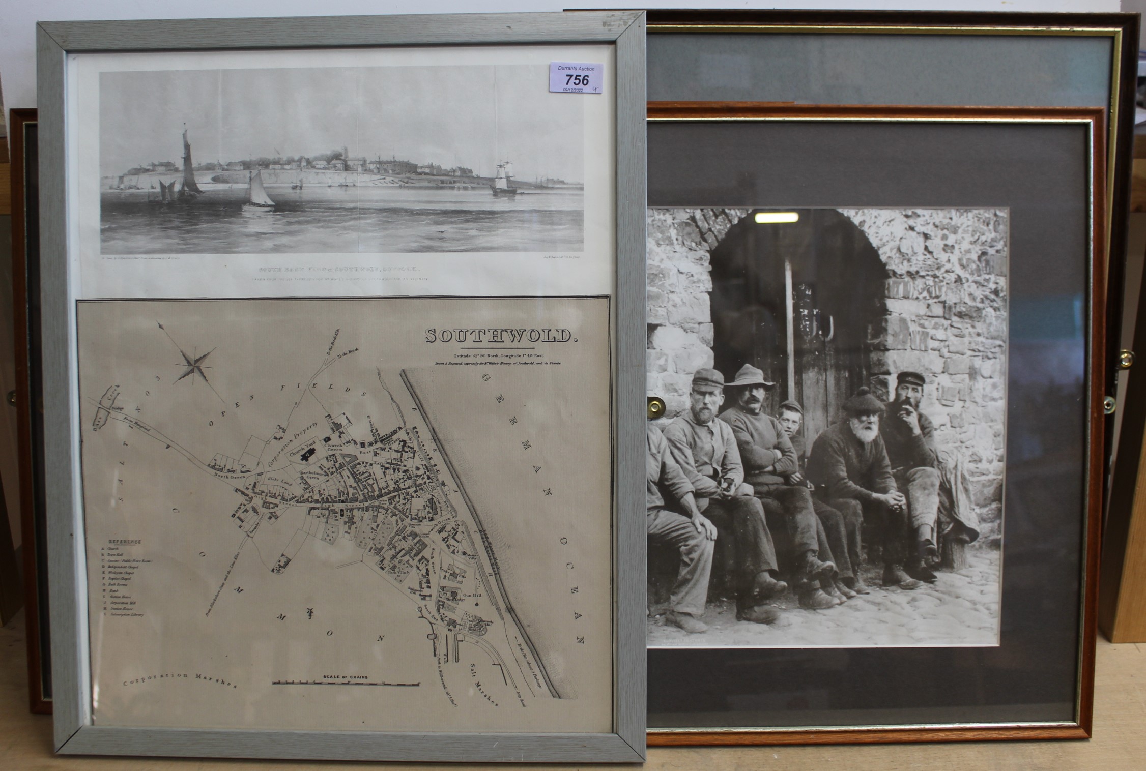 A framed print taken from Mr Wake's History of Southwold a map of the town plus a view of the South