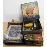 A metal Crawfords Rover biscuit tin containing various lead animals etc (all as found) plus an