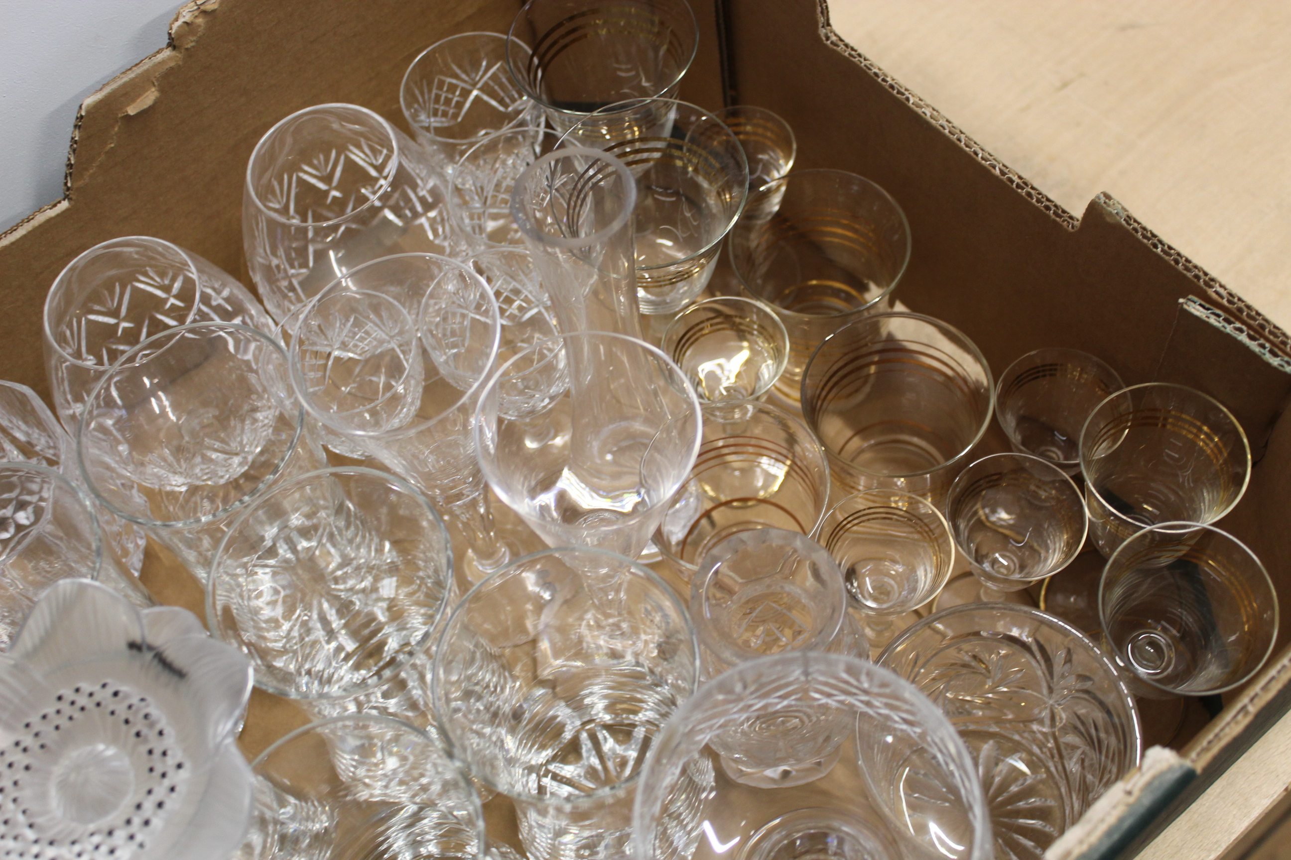 A large box of mixed drinking glasses including lead crystal and a Lalique Paris flower - Image 2 of 3
