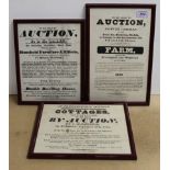 Three framed 19th Century Suffolk property/farm auction posters, 1825 Cottages at Fressingfield,