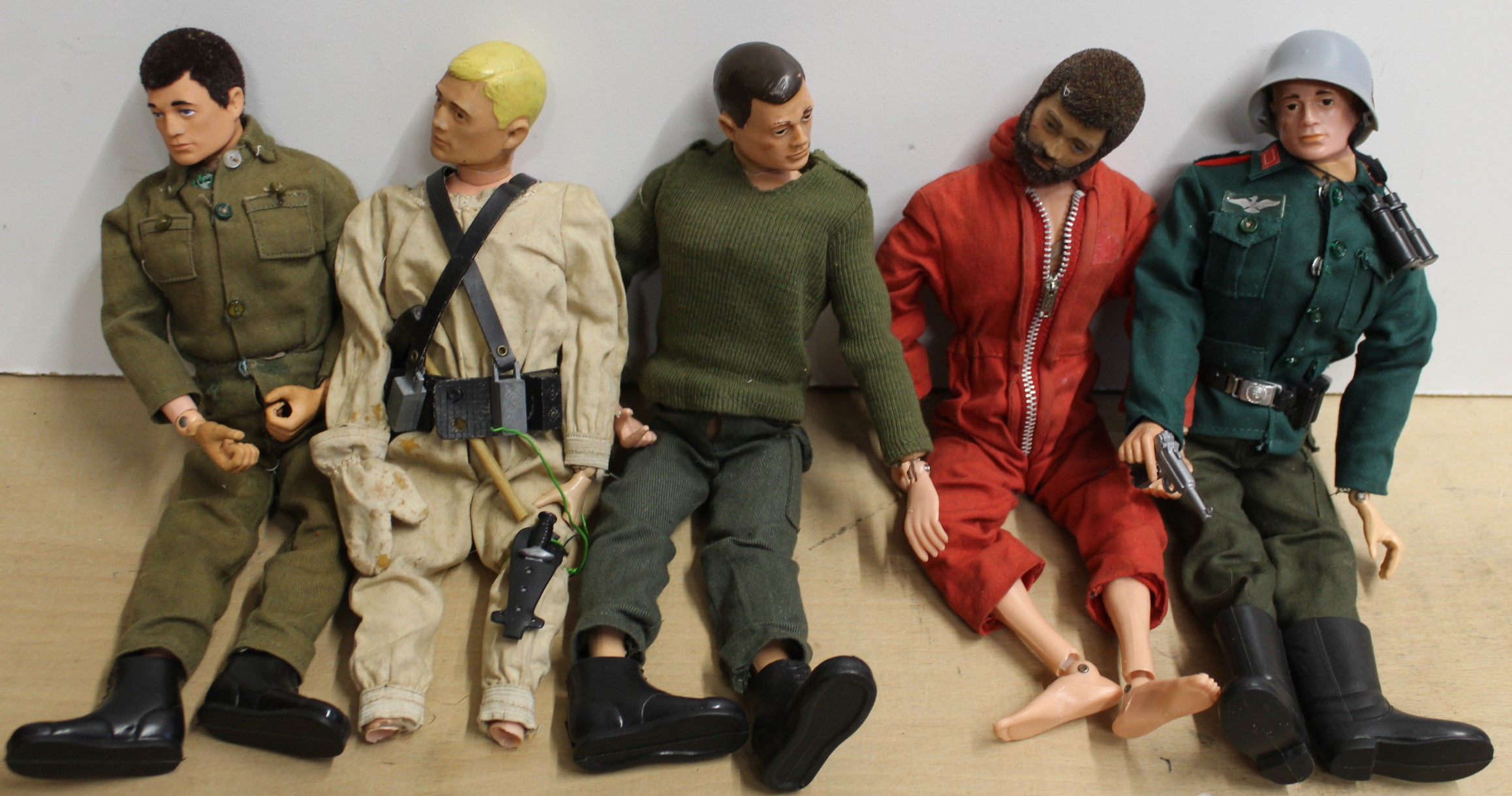 Vintage Action Man dolls, three with plastic heads (one as found),