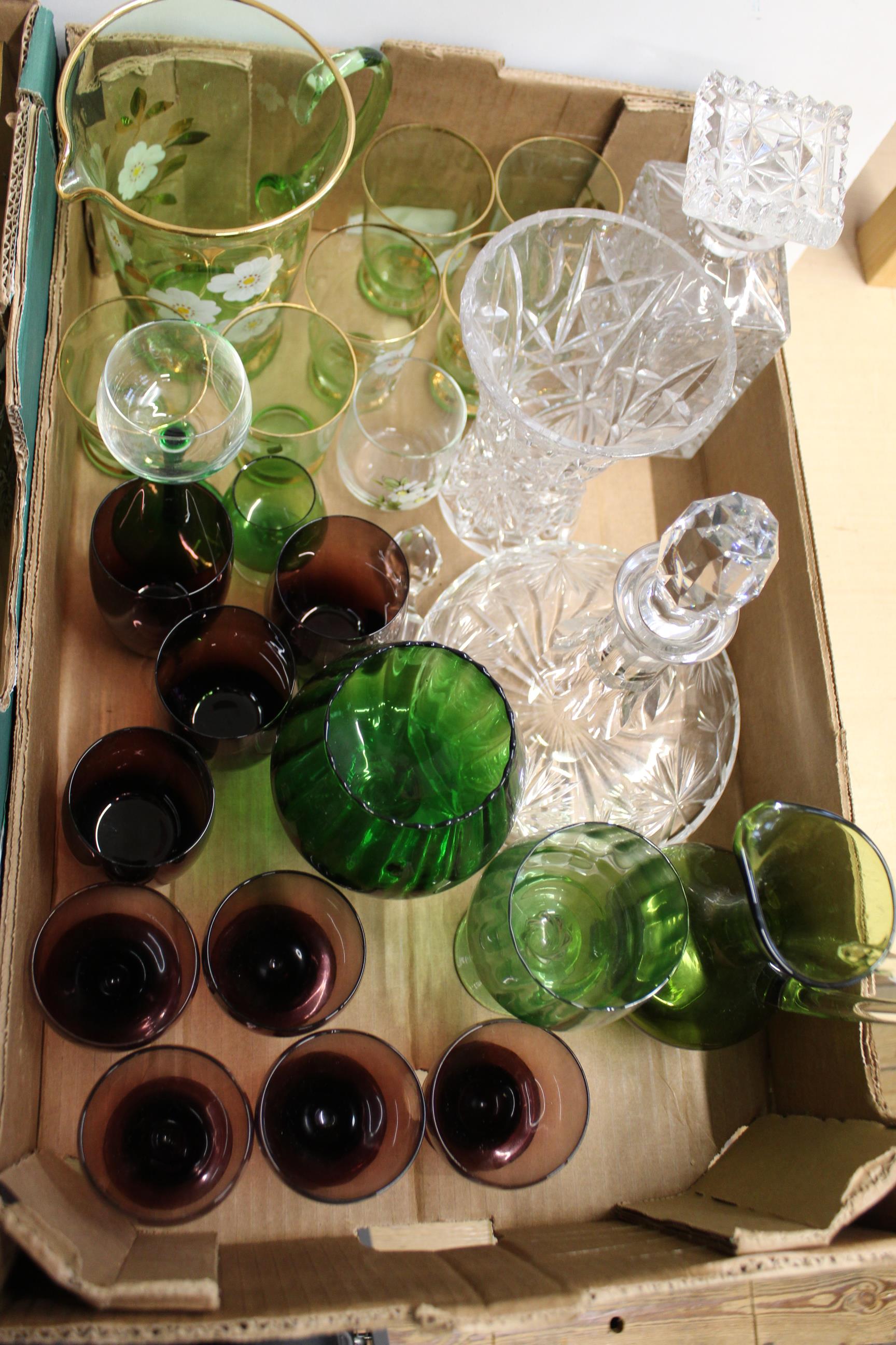 Two good boxes of mixed glassware including a hand painted lemonade set, vases, decanters, - Image 3 of 3