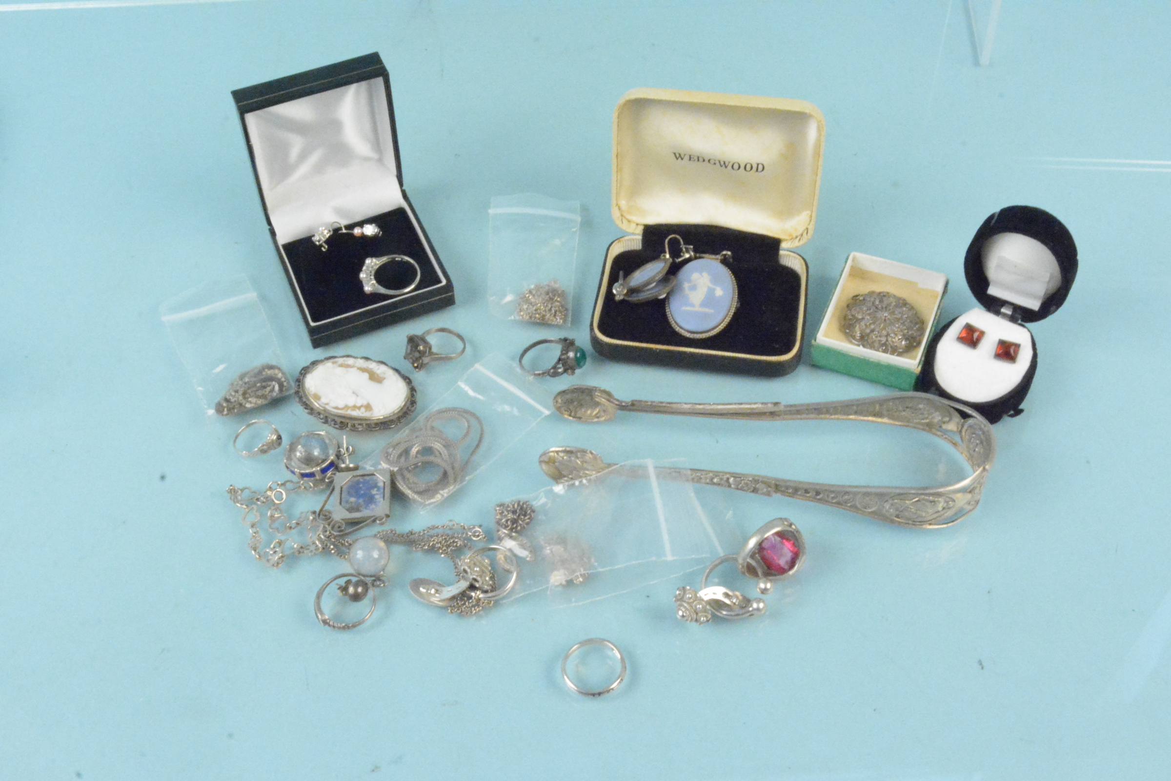 An interesting collection of silver and white metal jewellery including stone set rings,