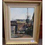 A framed oil on canvas 'Under Cannon Street Bridge, London', signed 'Trevor Chamberlin R.S.M.A.