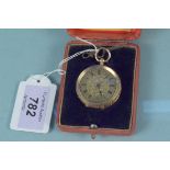 A 14ct gold machine decorated fob watch in case with key