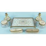 A vintage lace inlaid dressing table set with cut glass powder pots with embroidered inserts (as