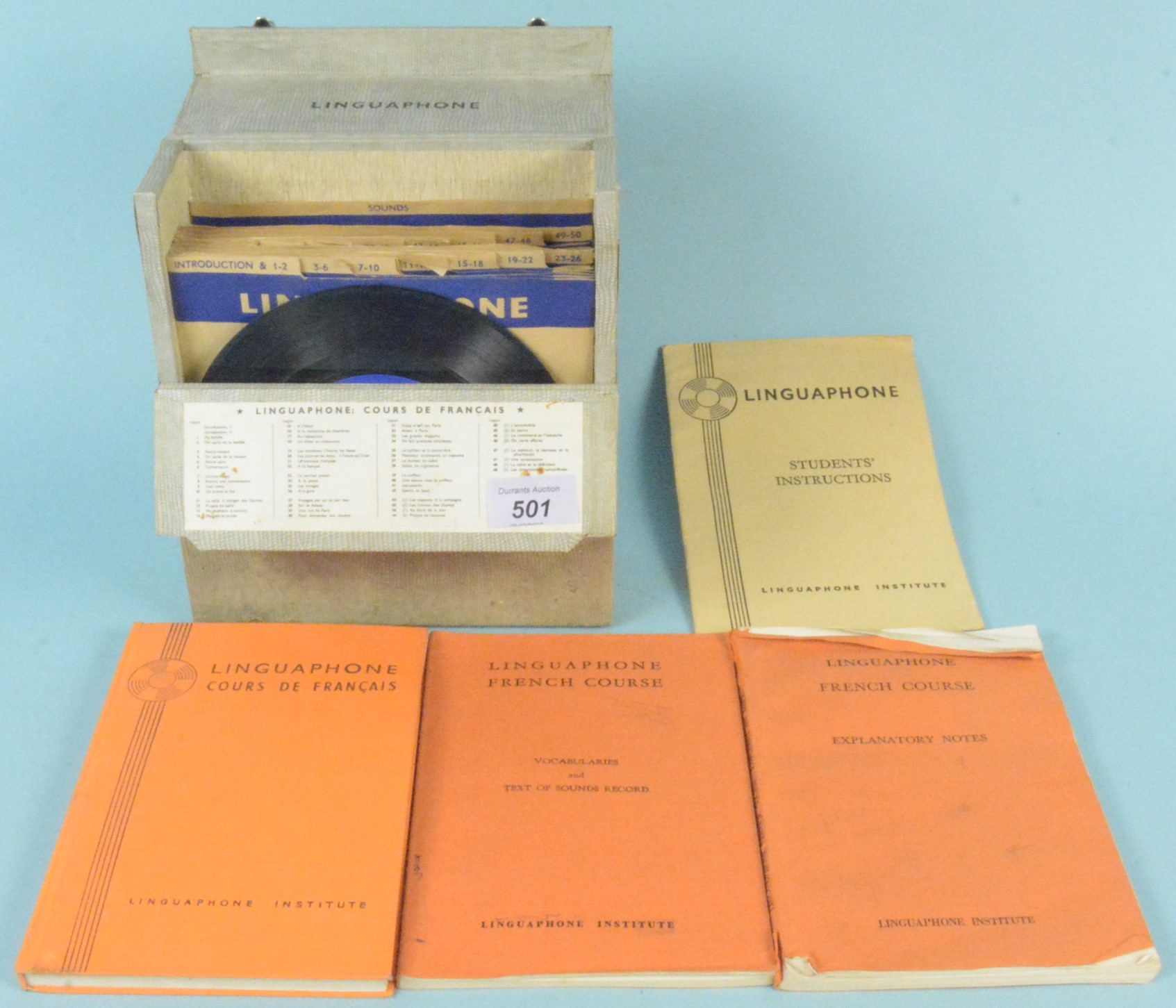 A vintage Learn French Linguaphone language course in sixteen 45 singles and four booklets