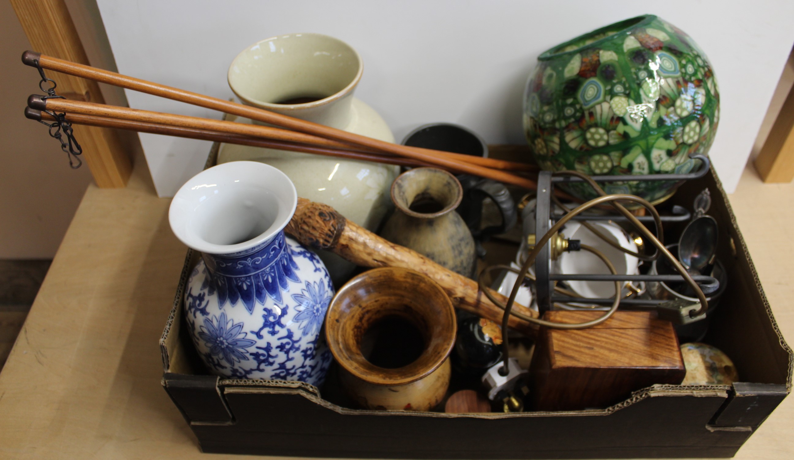 A mixed box of items including a large Denby vase, various vases,