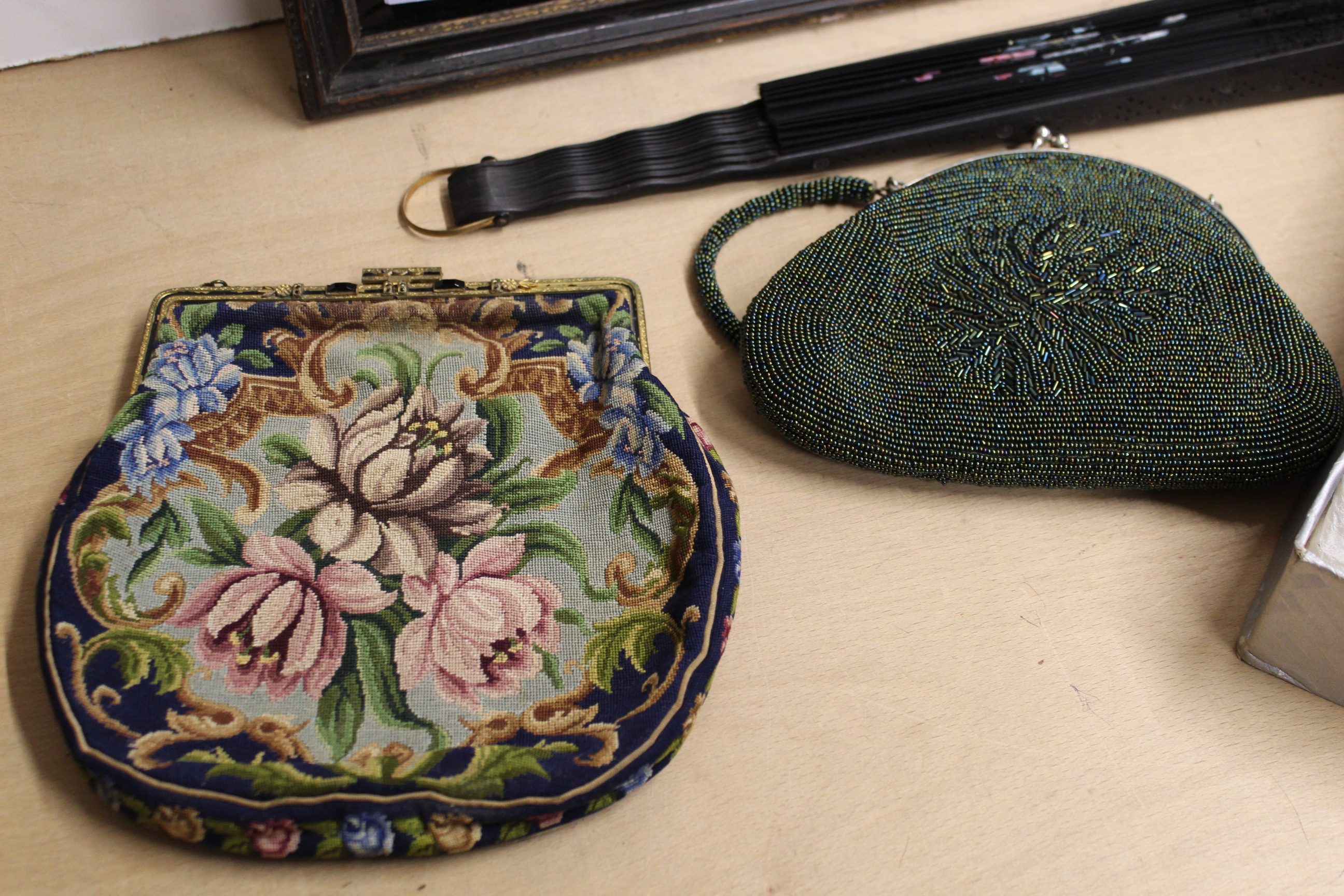 A 19th Century hand embroidered panel of doves in original frame, two vintage evening bags, - Image 3 of 3