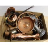 A box of mixed metalwares including copper and pewter