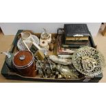 A box of mixed items including brass ware, lace plates, Rupert annuals plus a Victorian photo album,