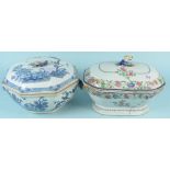 A large early 19th Century Chinese blue and white octagonal soup tureen (finial missing) plus a