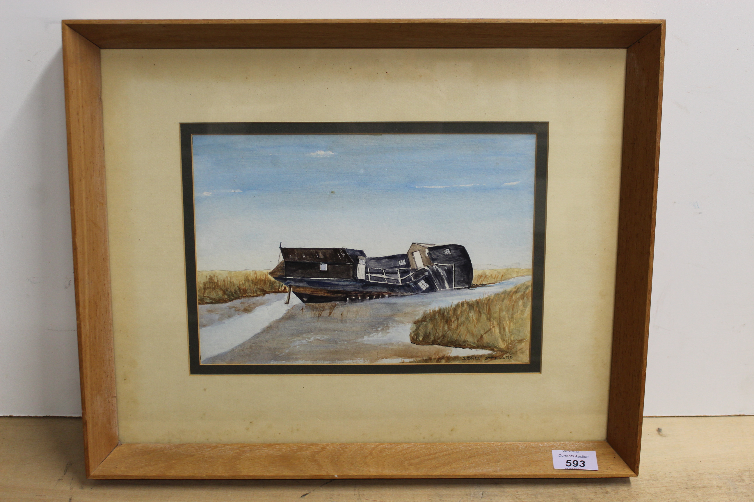 Sidney Steward, watercolour of a houseboat hulk in river estuary, signed Sidney Steward, 28.