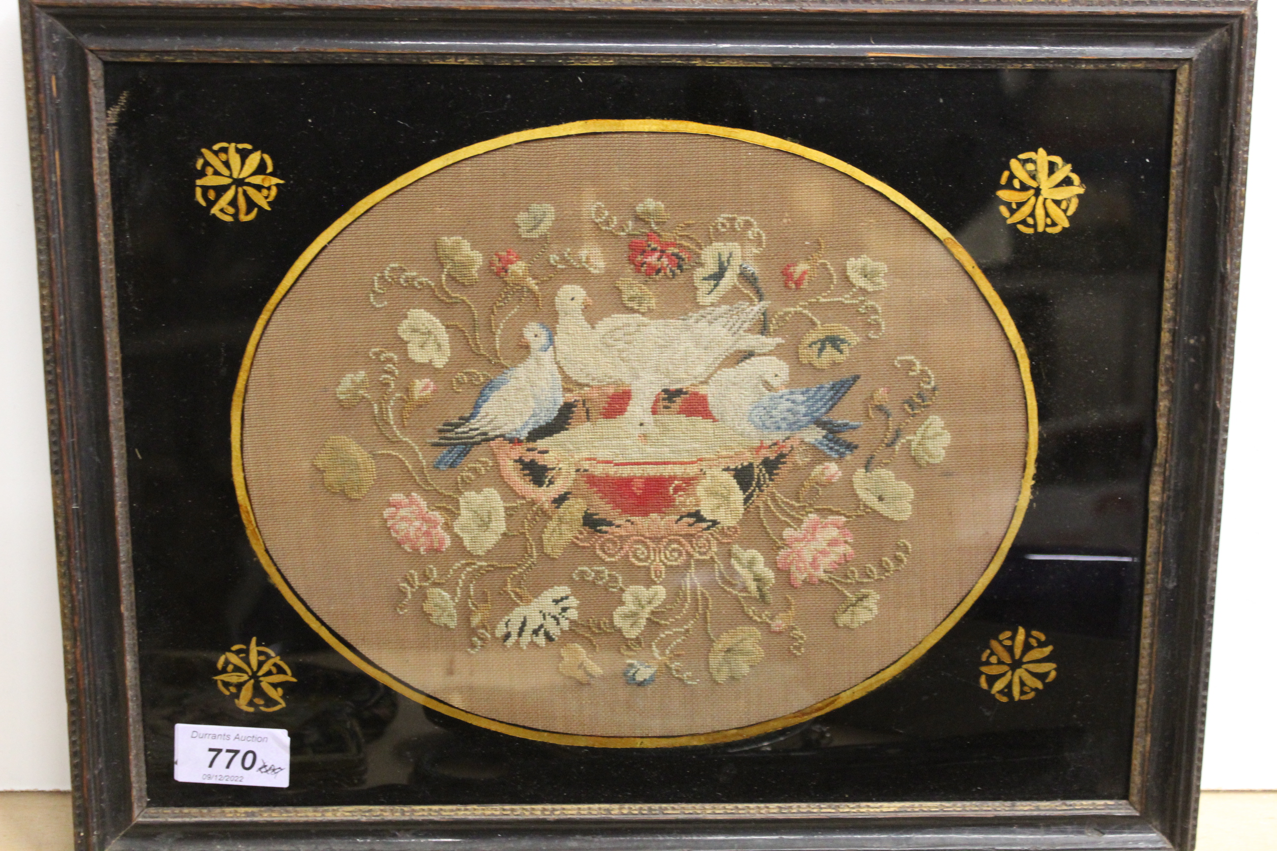 A 19th Century hand embroidered panel of doves in original frame, two vintage evening bags, - Image 2 of 3